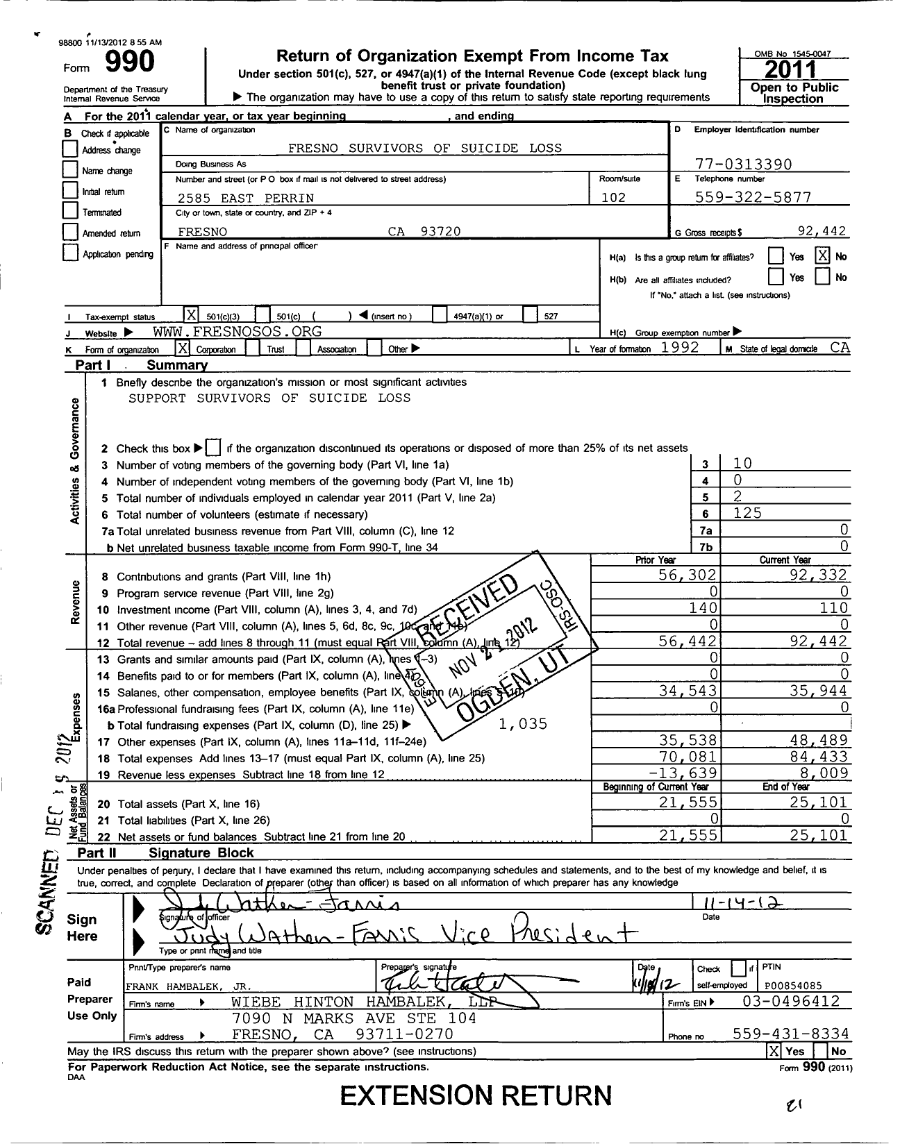 Image of first page of 2011 Form 990 for Fresno Survivors of Suicide Loss