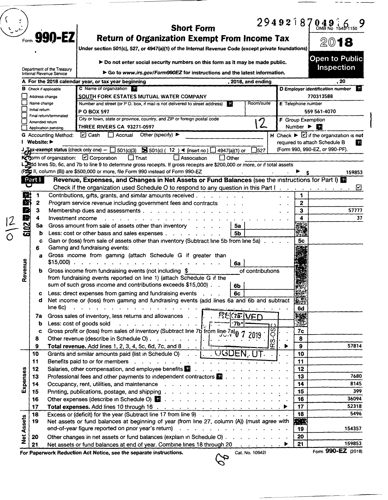 Image of first page of 2018 Form 990EO for South Fork Estates Mutual Water Company