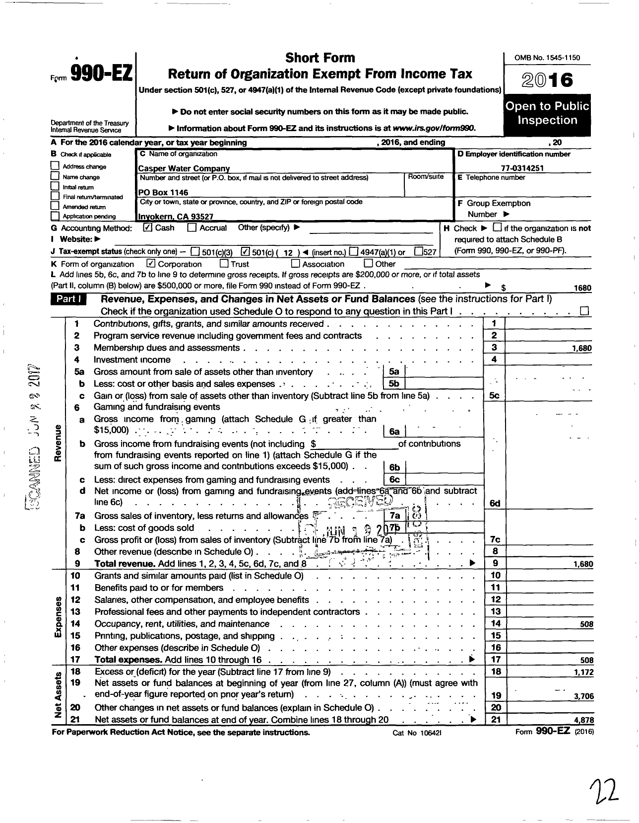 Image of first page of 2016 Form 990EO for Casper Water Company