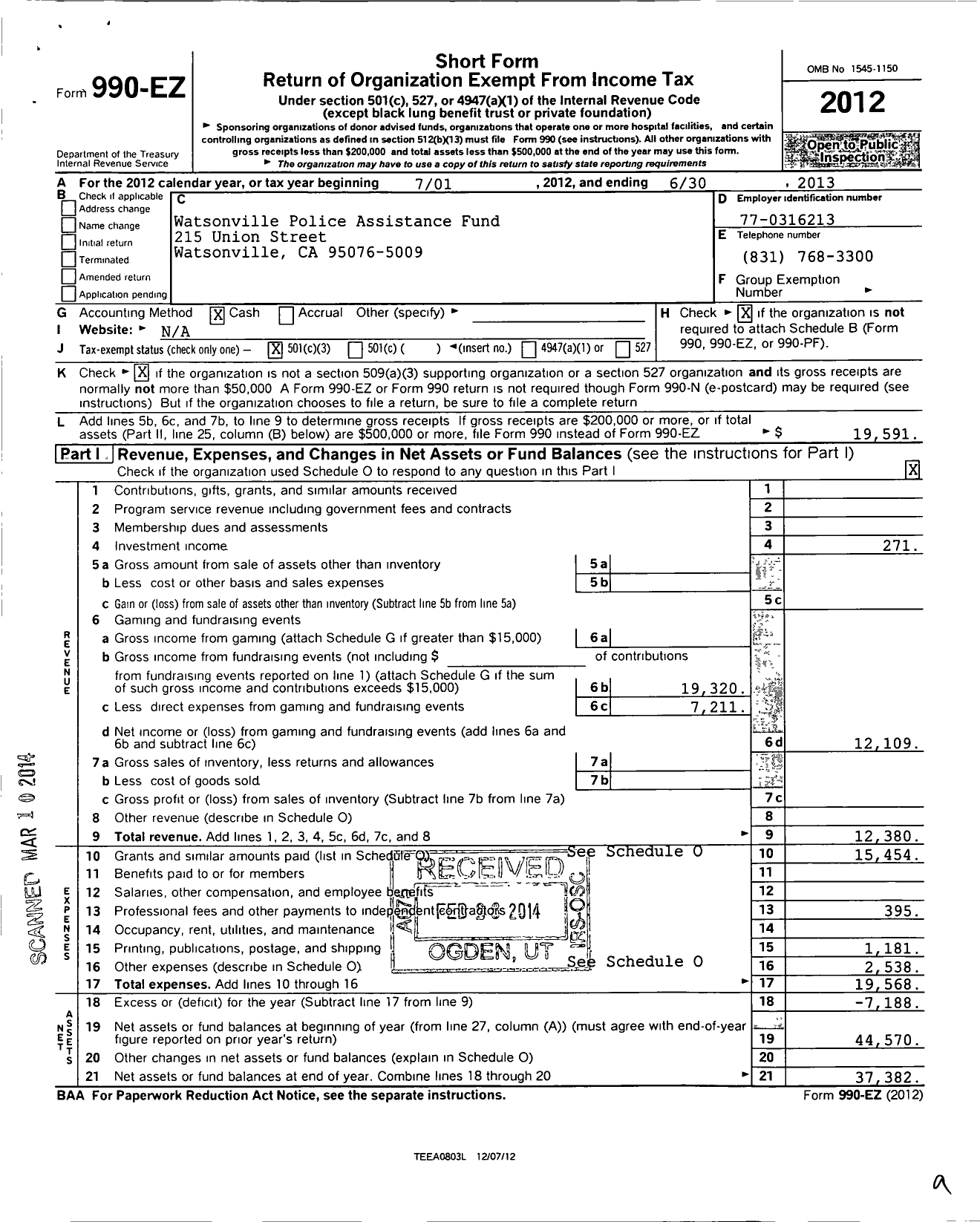 Image of first page of 2012 Form 990EZ for Watsonville Police Assistance Fund