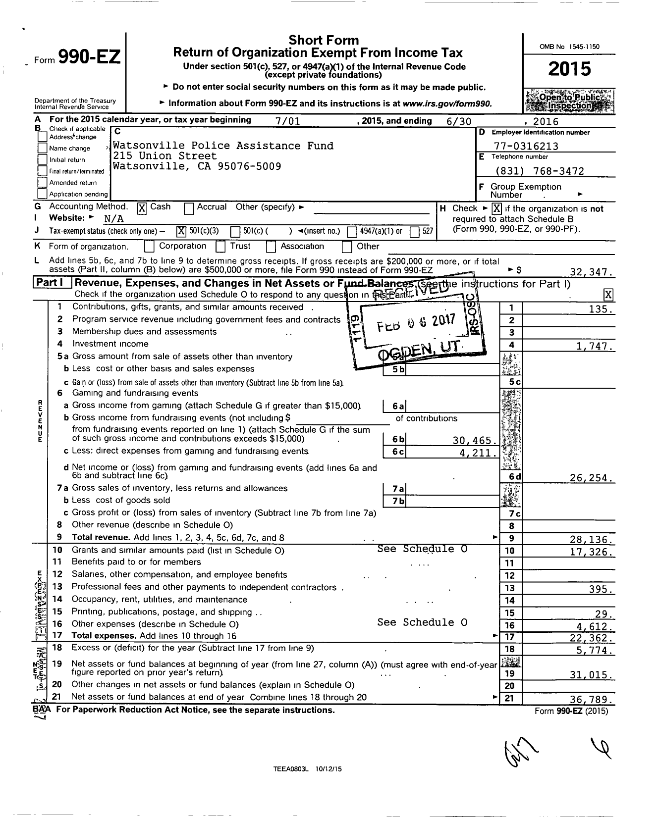 Image of first page of 2015 Form 990EZ for Watsonville Police Assistance Fund