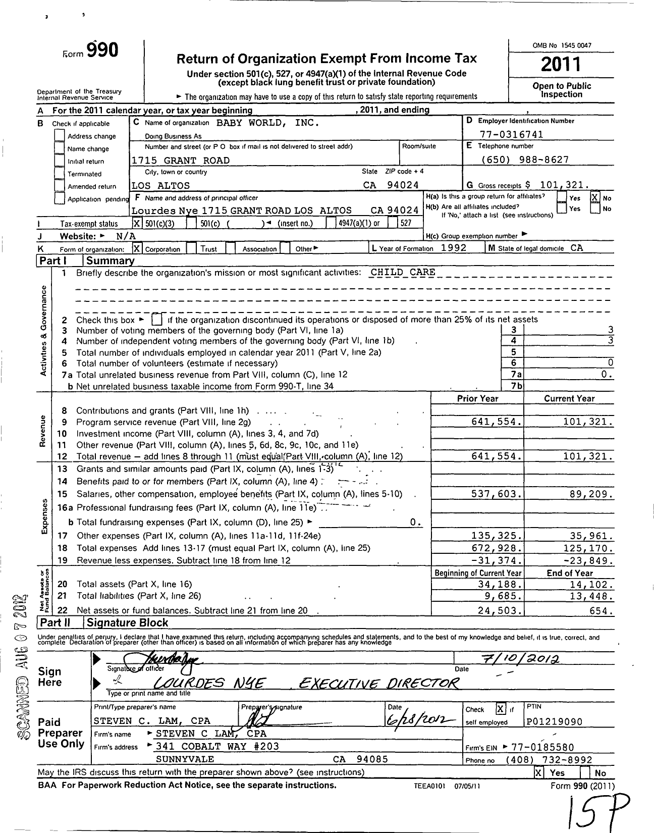 Image of first page of 2011 Form 990 for Baby World