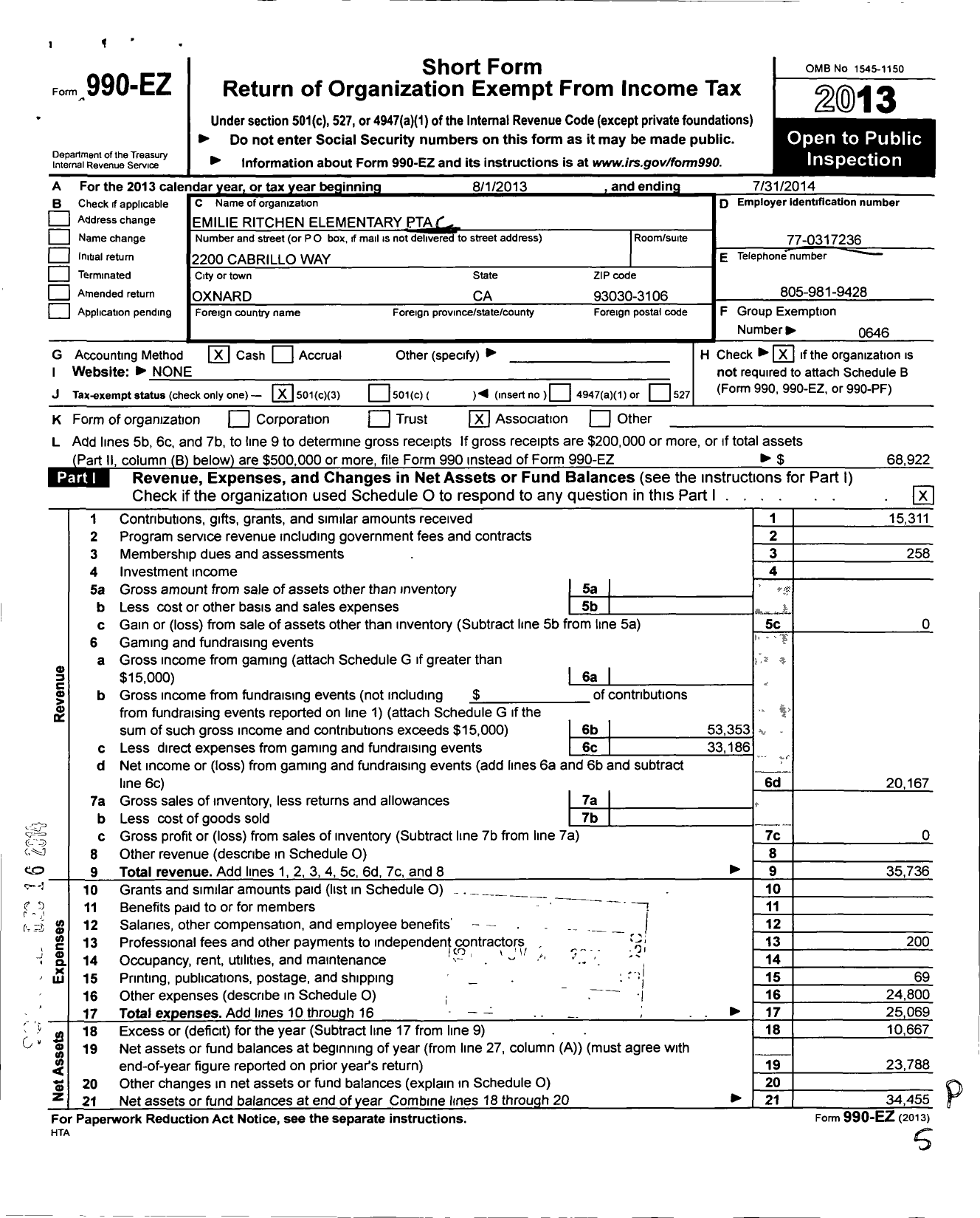 Image of first page of 2013 Form 990EZ for California State PTA - 4775 Emilie Ritchen Elementary PTA