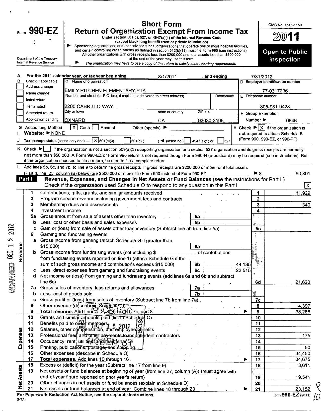 Image of first page of 2011 Form 990EZ for California State PTA - 4775 Emilie Ritchen Elementary PTA