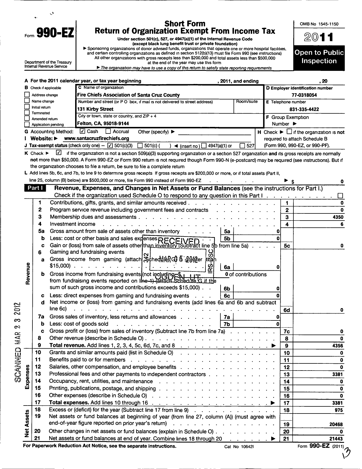 Image of first page of 2011 Form 990EZ for Fire Chiefs Association of Santa Cruz County