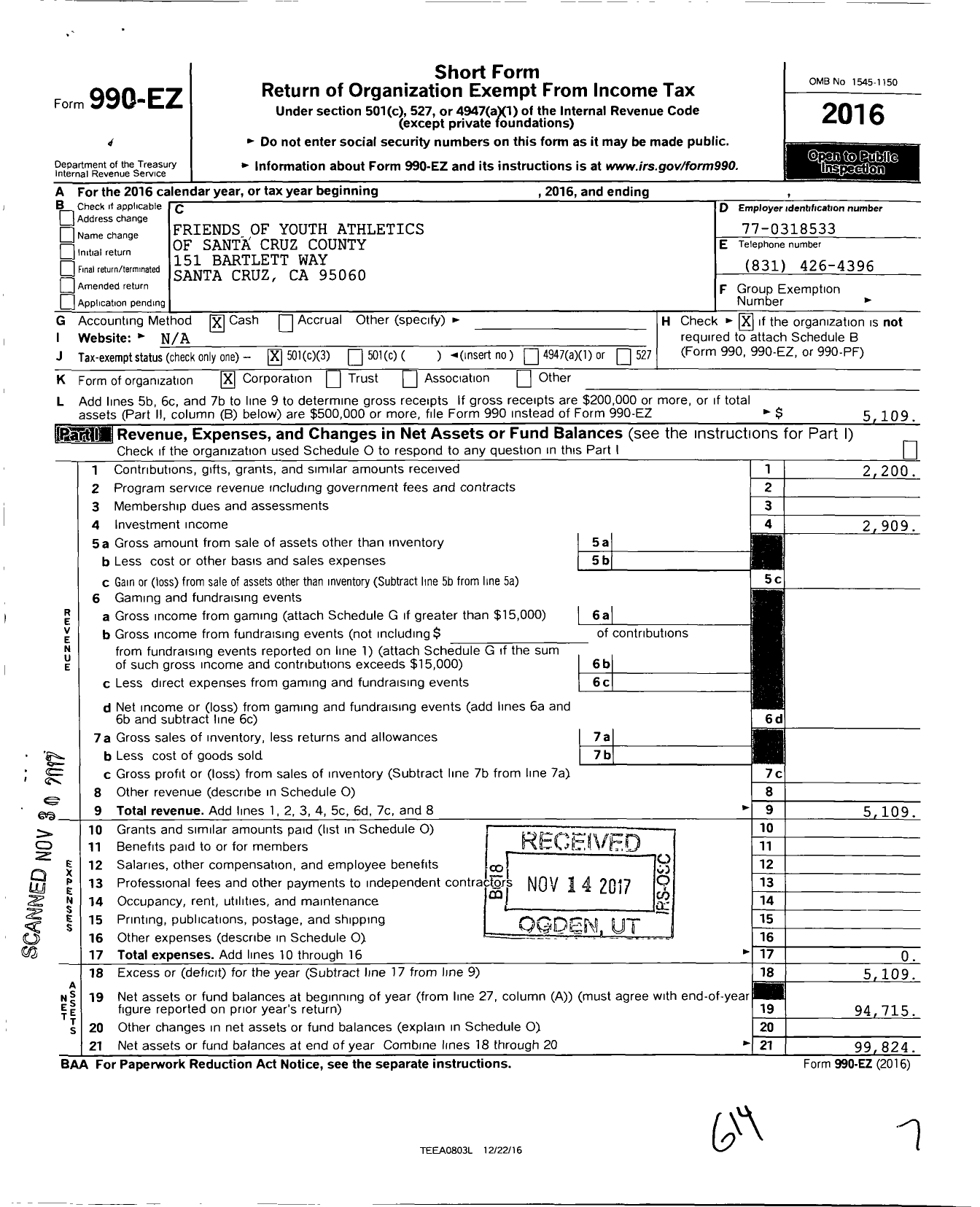 Image of first page of 2016 Form 990EZ for Friends of Youth Athletics of Santa Cruz County