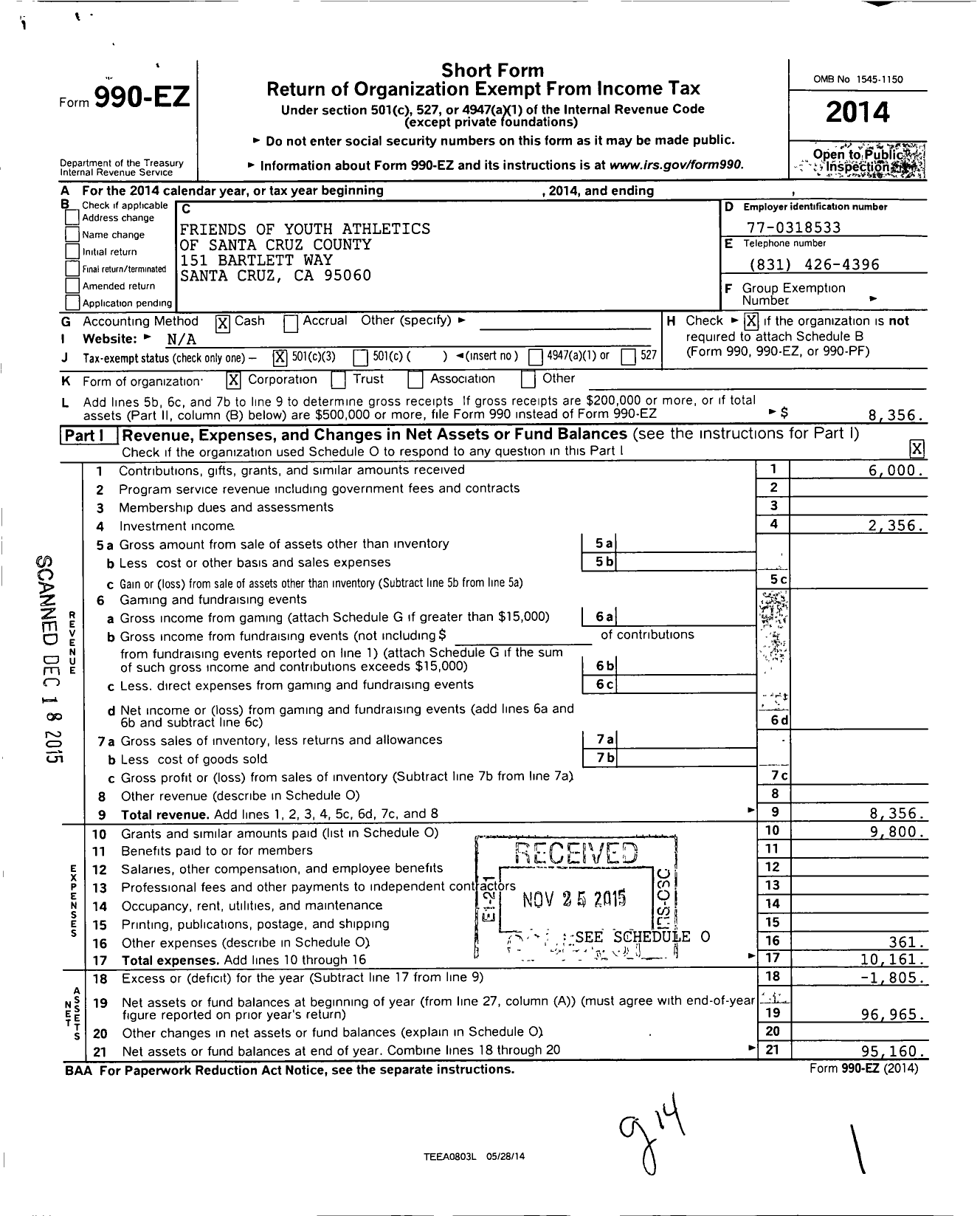 Image of first page of 2014 Form 990EZ for Friends of Youth Athletics of Santa Cruz County