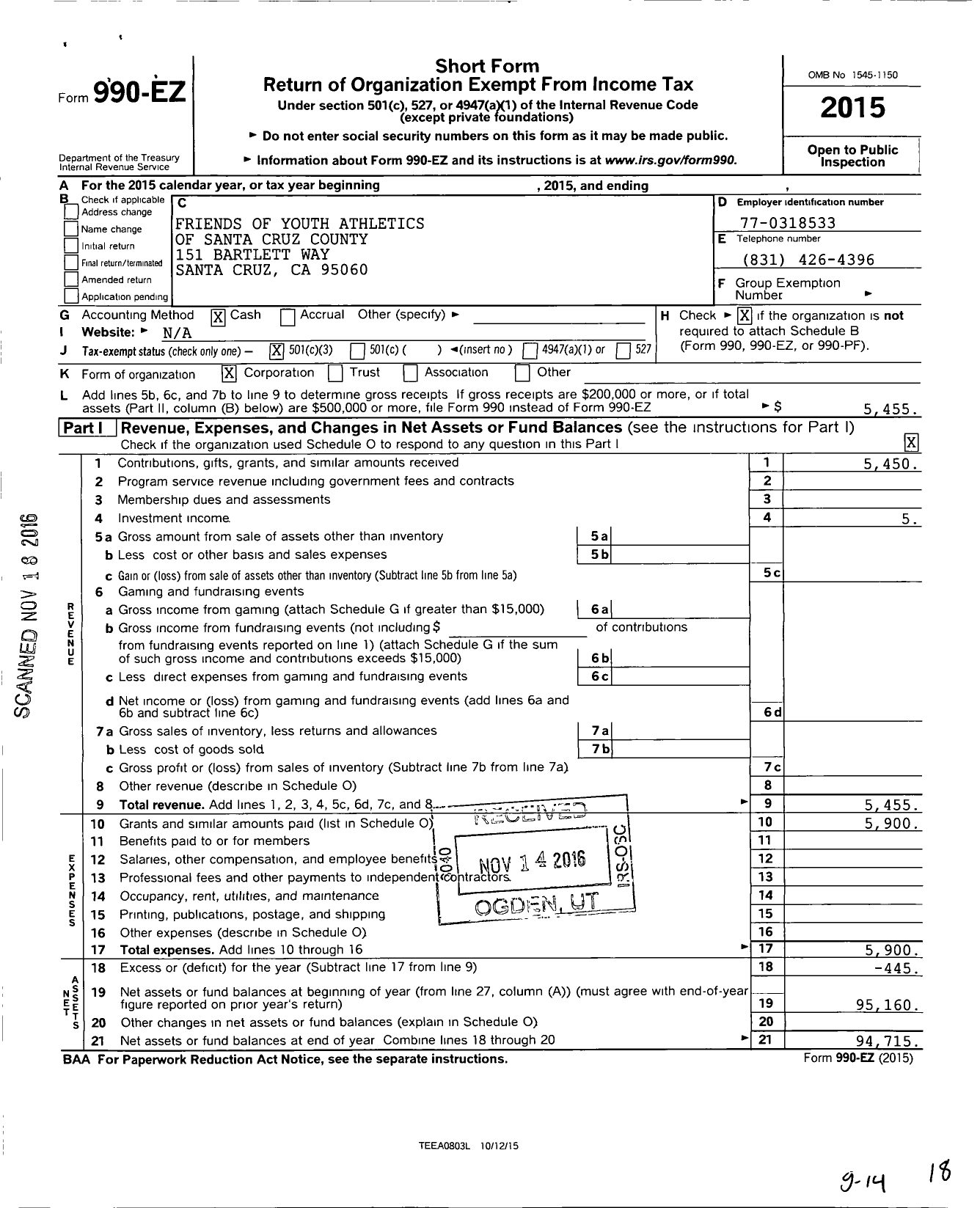 Image of first page of 2015 Form 990EZ for Friends of Youth Athletics of Santa Cruz County