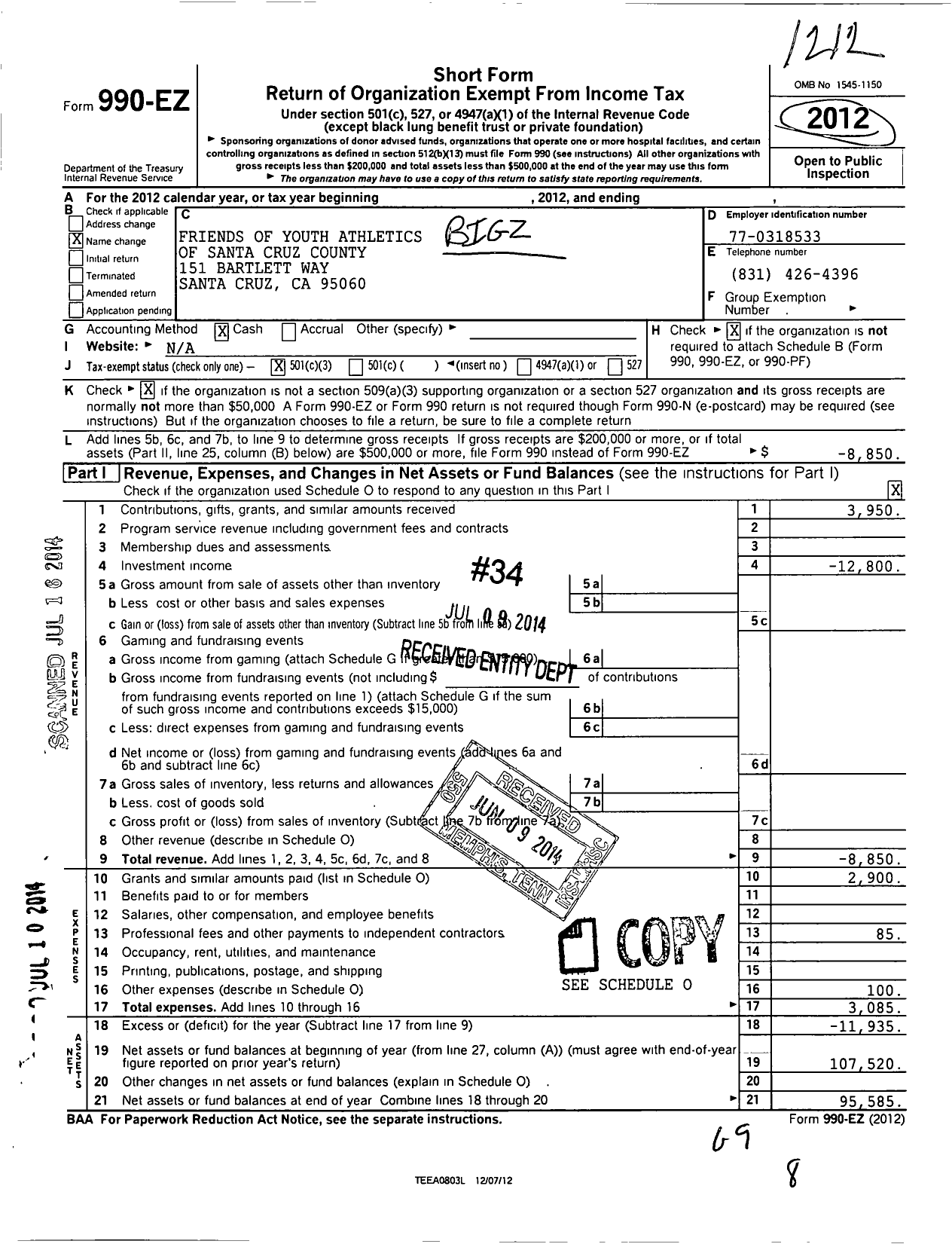 Image of first page of 2012 Form 990EZ for Friends of Youth Athletics of Santa Cruz County