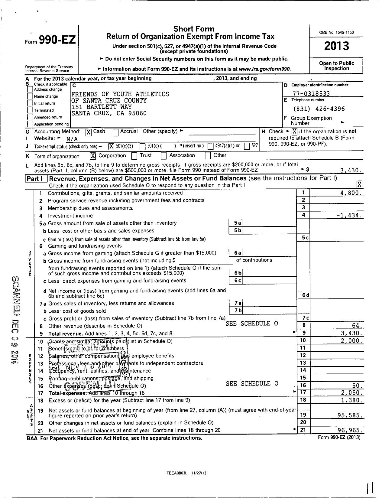 Image of first page of 2013 Form 990EZ for Friends of Youth Athletics of Santa Cruz County