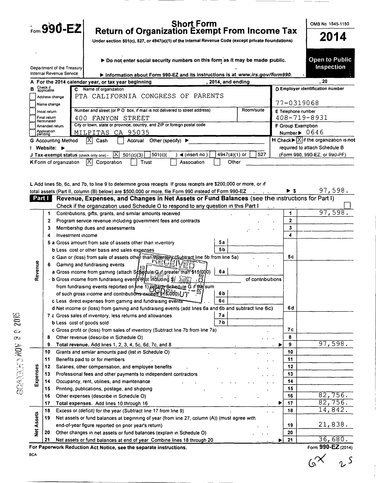 Image of first page of 2014 Form 990EZ for California State PTA - 4797 Burnett Elementary PTA