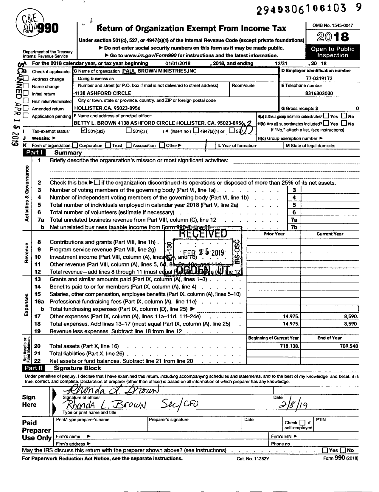 Image of first page of 2018 Form 990 for Paul Brown Ministries