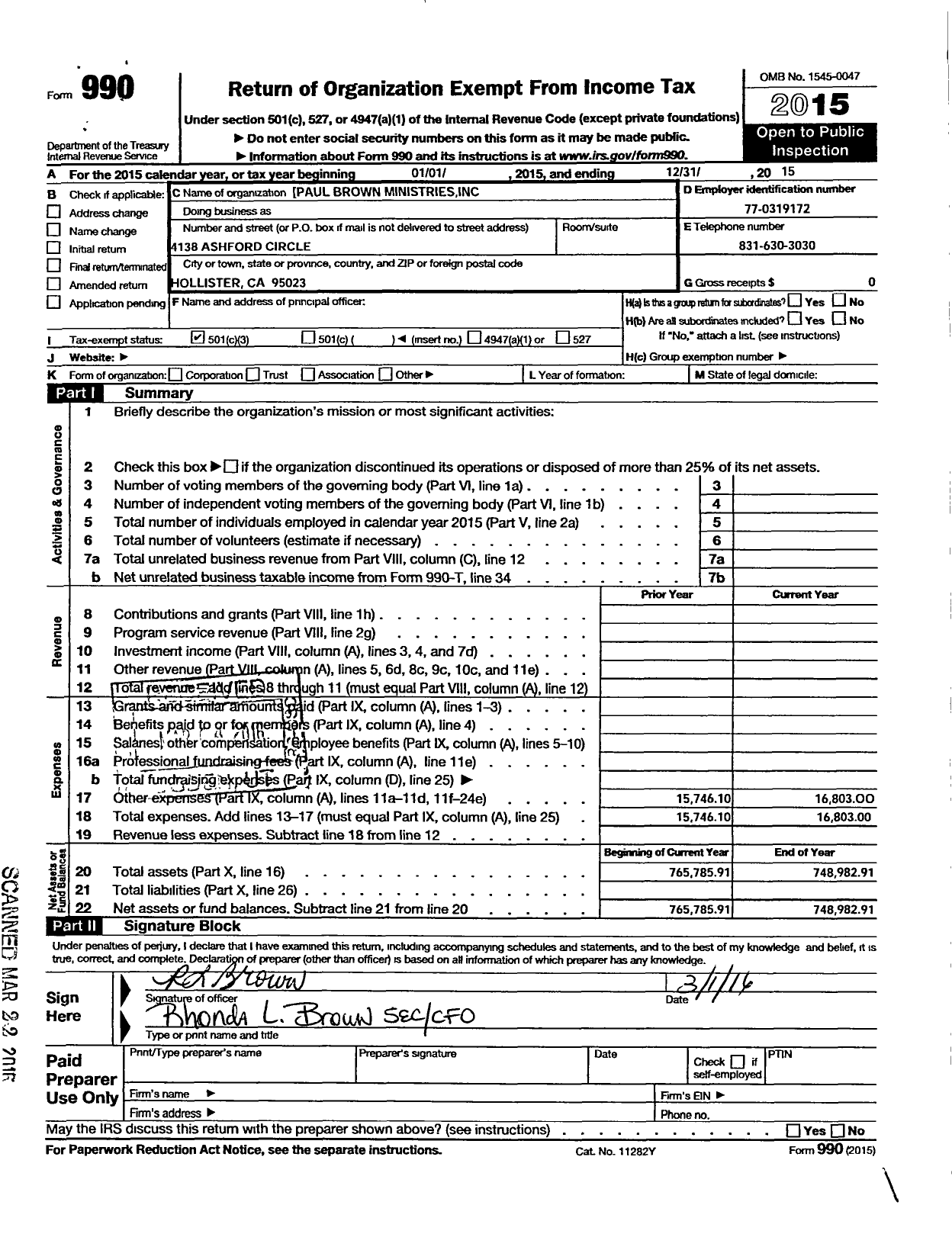 Image of first page of 2015 Form 990 for Paul Brown Ministries