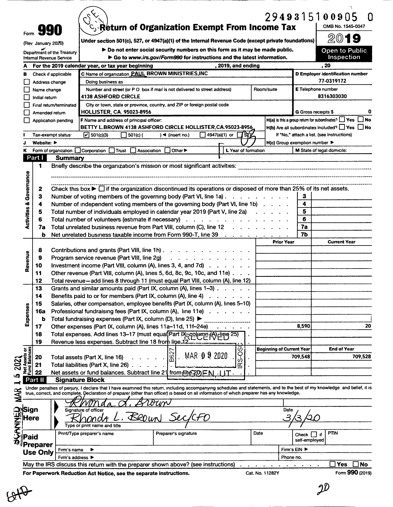 Image of first page of 2019 Form 990 for Paul Brown Ministries