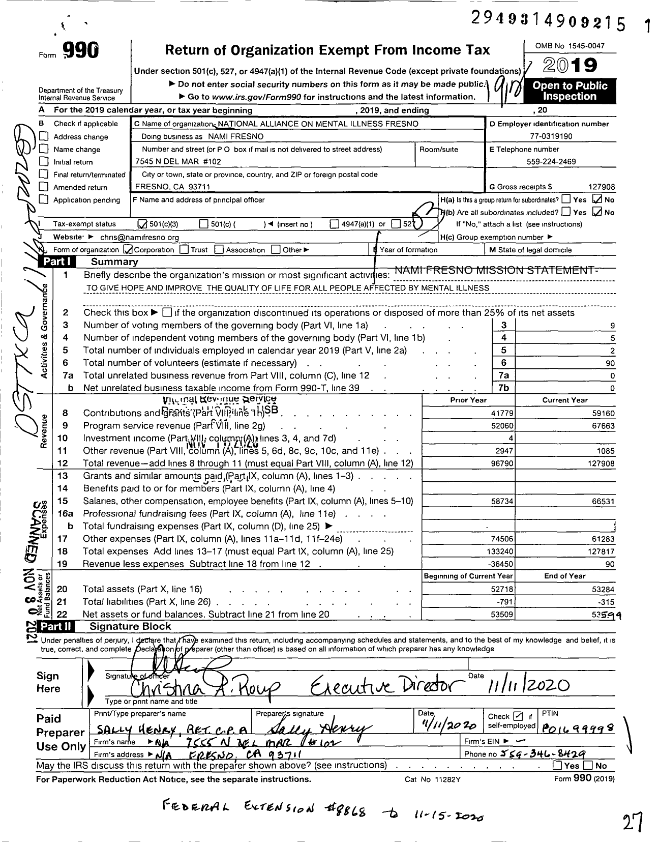 Image of first page of 2019 Form 990 for National Alliance on Mental Illness Fresno