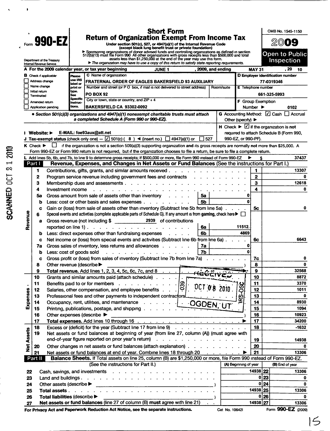 Image of first page of 2009 Form 990EO for Fraternal Order of Eagles - 93 Aux