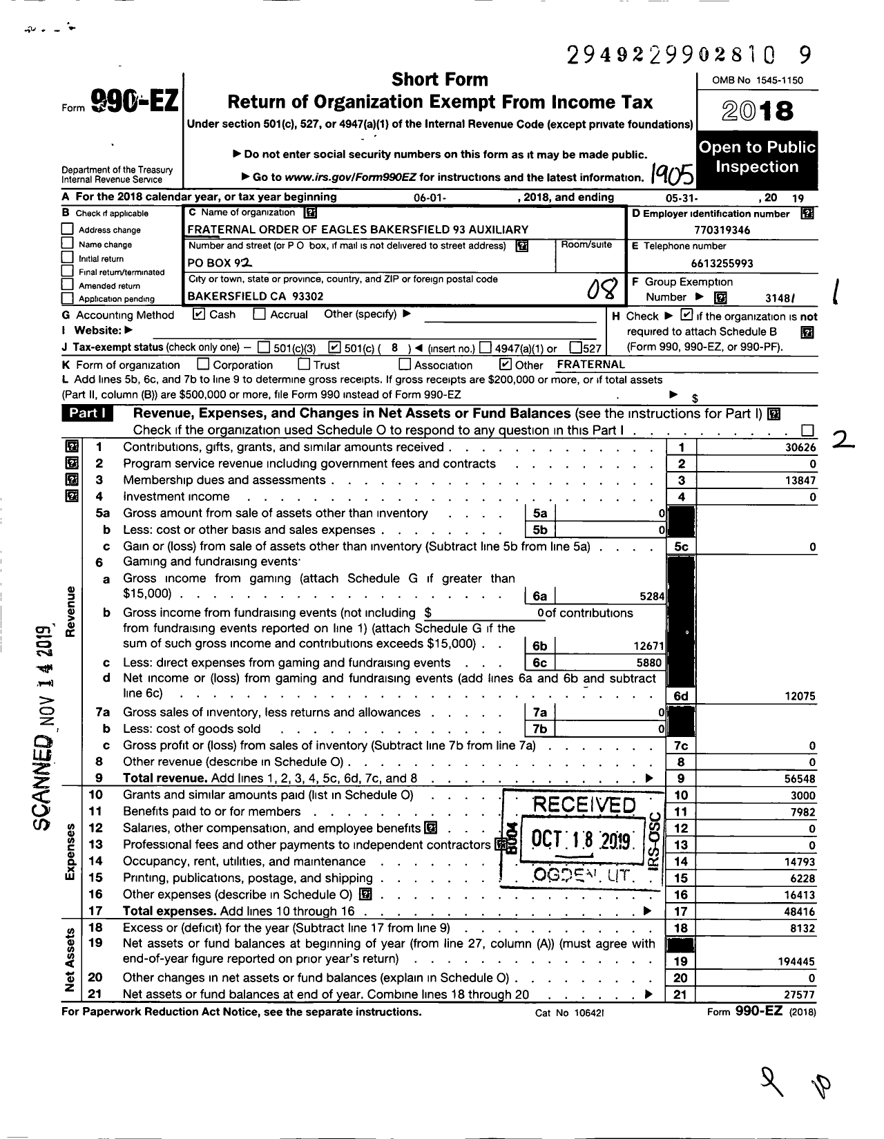 Image of first page of 2018 Form 990EO for Fraternal Order of Eagles - 93 Aux