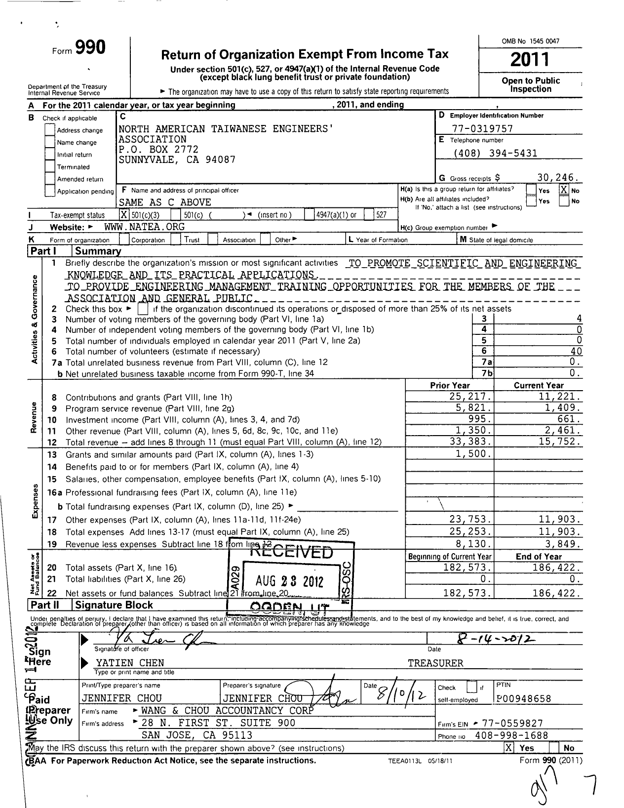 Image of first page of 2011 Form 990 for North American Taiwanese Engineers Association