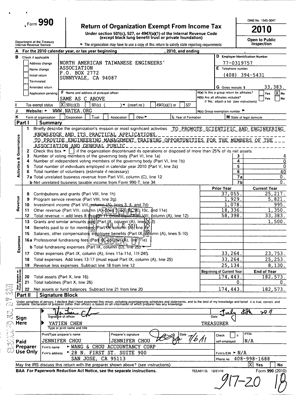 Image of first page of 2010 Form 990 for North American Taiwanese Engineers Association