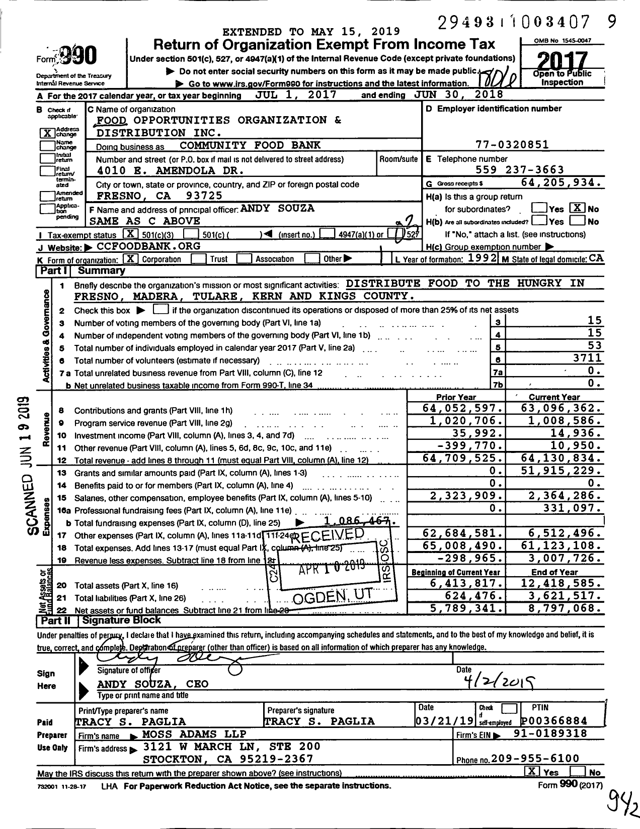 Image of first page of 2017 Form 990 for Central California Food Bank