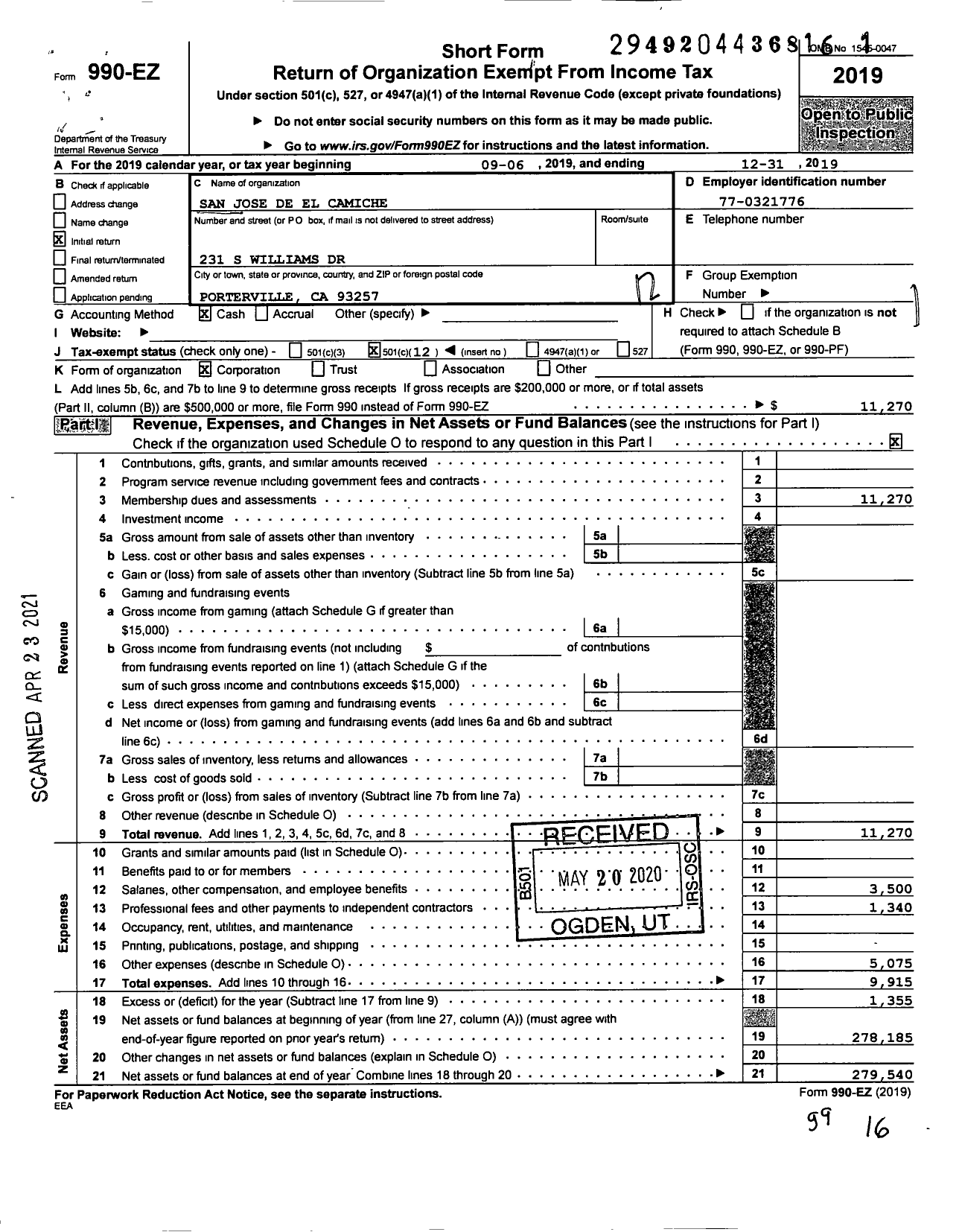Image of first page of 2019 Form 990EO for San Jose de El Camiche