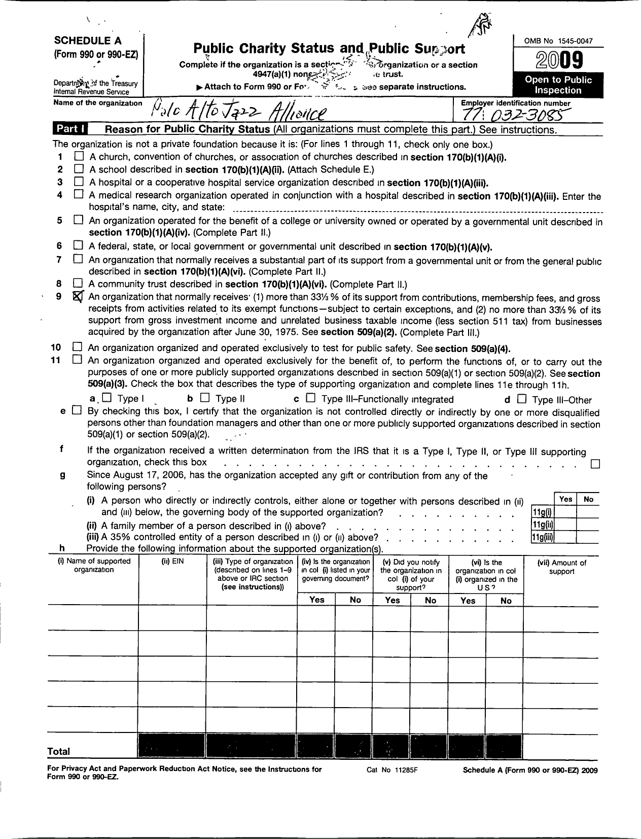 Image of first page of 2009 Form 990ER for Palo Alto Jazz Alliance