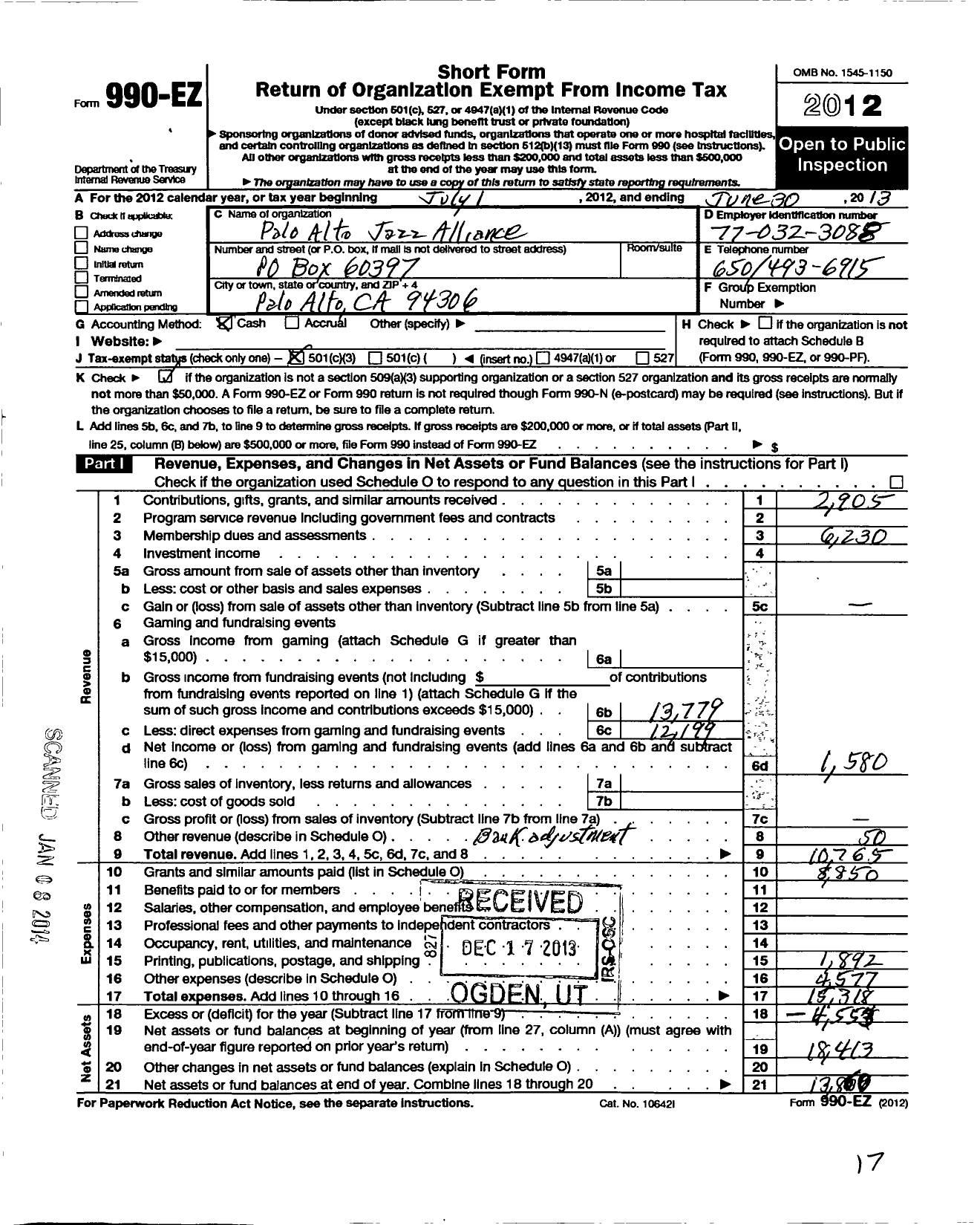 Image of first page of 2012 Form 990EZ for Palo Alto Jazz Alliance