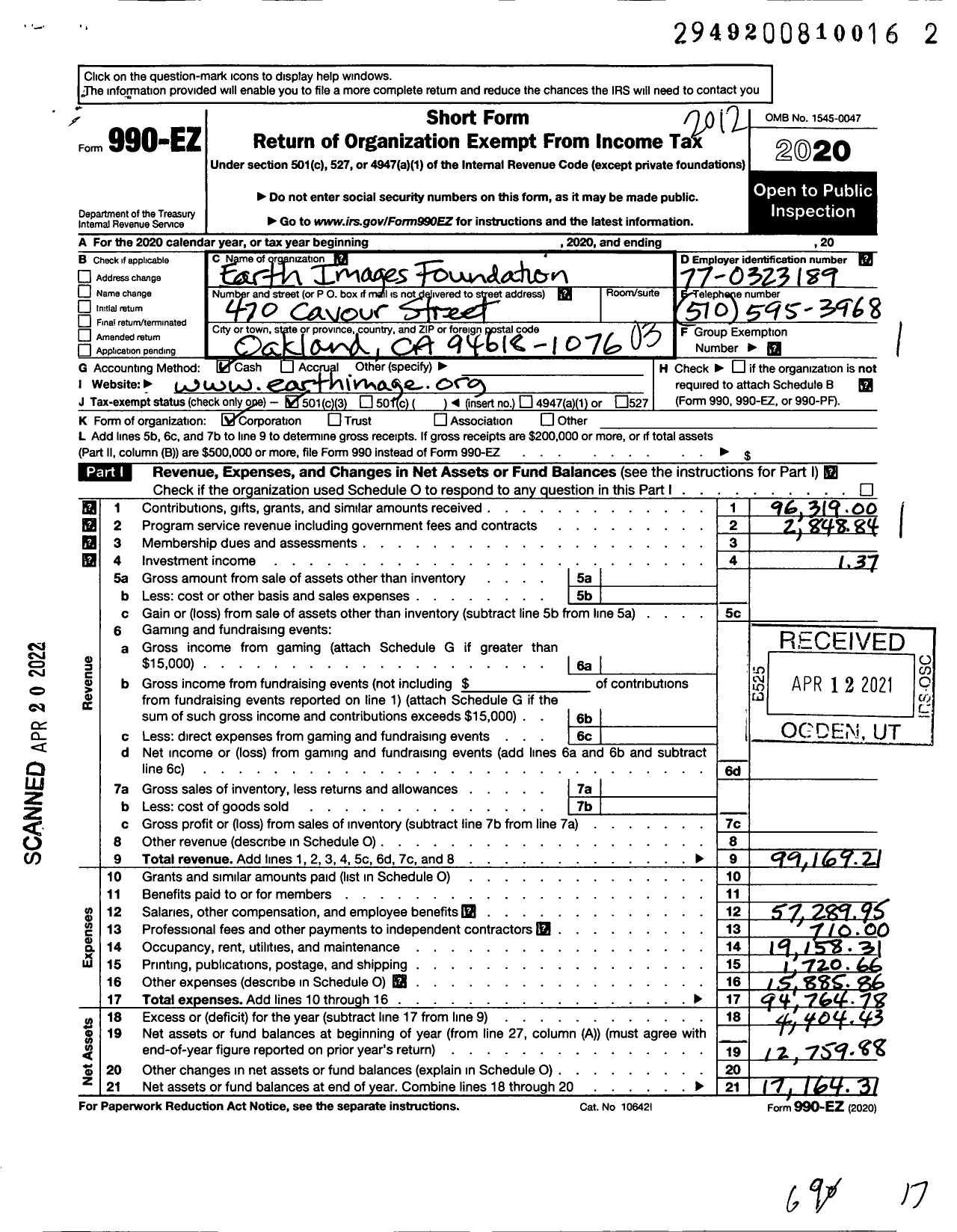 Image of first page of 2020 Form 990EZ for Earth Images Foundation