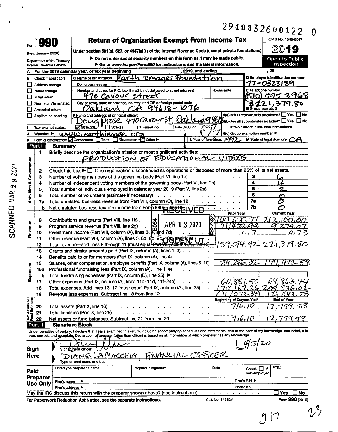 Image of first page of 2019 Form 990 for Earth Images Foundation