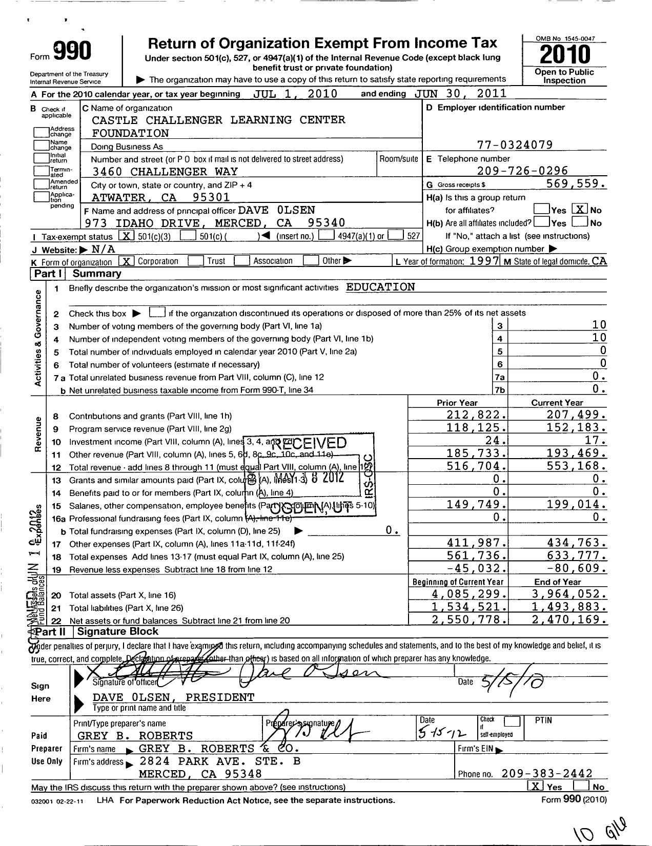 Image of first page of 2010 Form 990 for Castle Challenger Learning Center Foundation