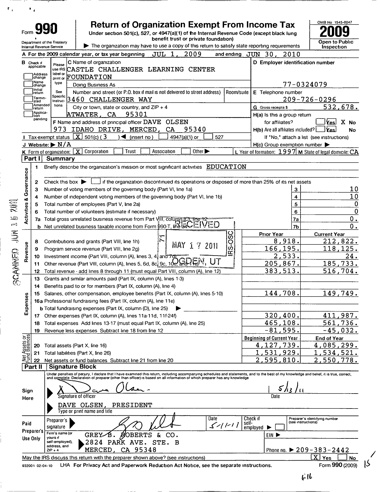 Image of first page of 2009 Form 990 for Castle Challenger Learning Center Foundation