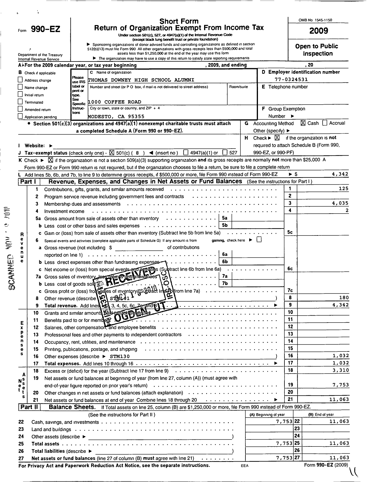 Image of first page of 2009 Form 990EO for Thomas Downey Alumni Association