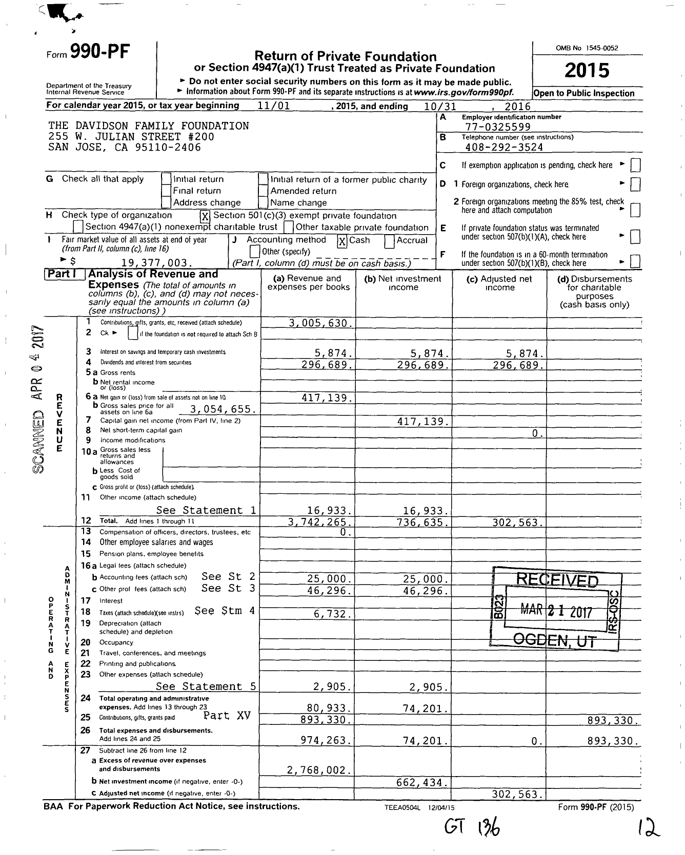Image of first page of 2015 Form 990PF for The Davidson Family Foundation
