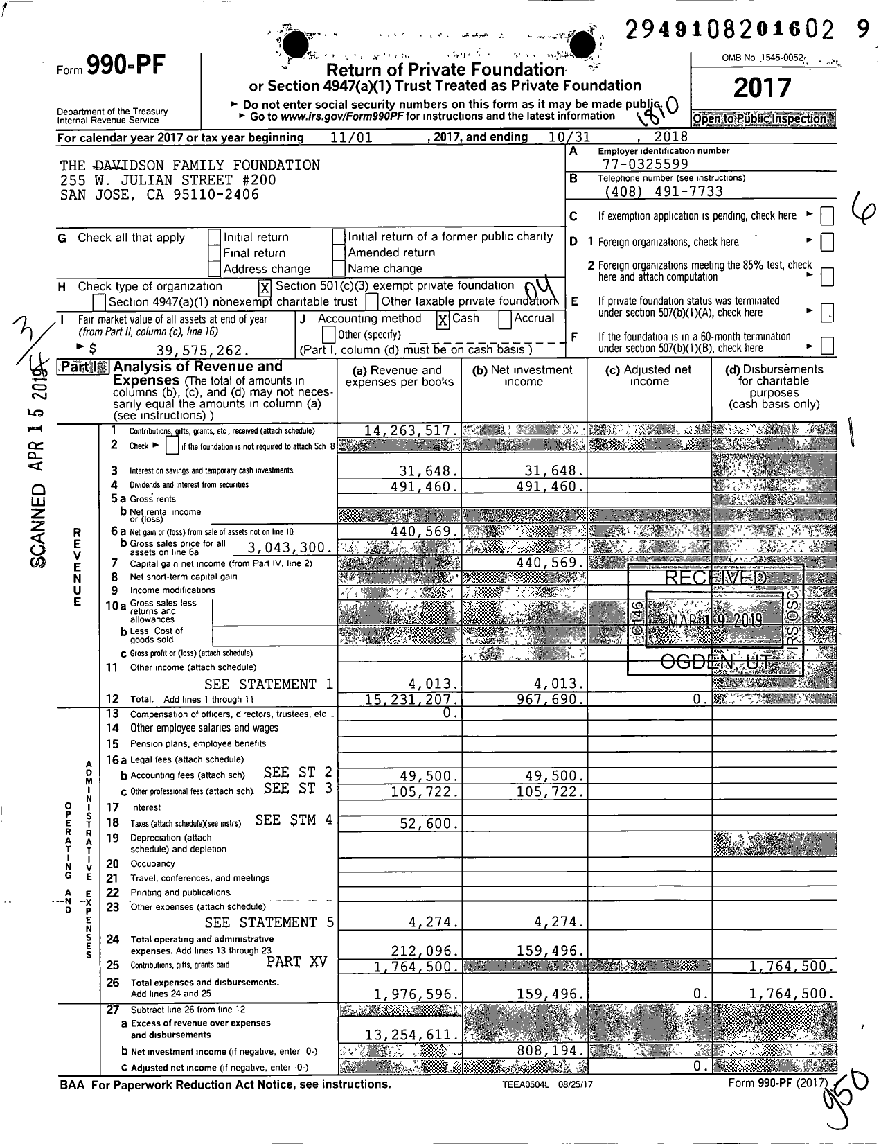Image of first page of 2017 Form 990PF for The Davidson Family Foundation