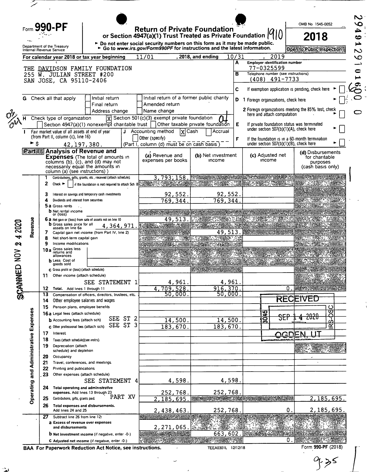 Image of first page of 2018 Form 990PF for The Davidson Family Foundation