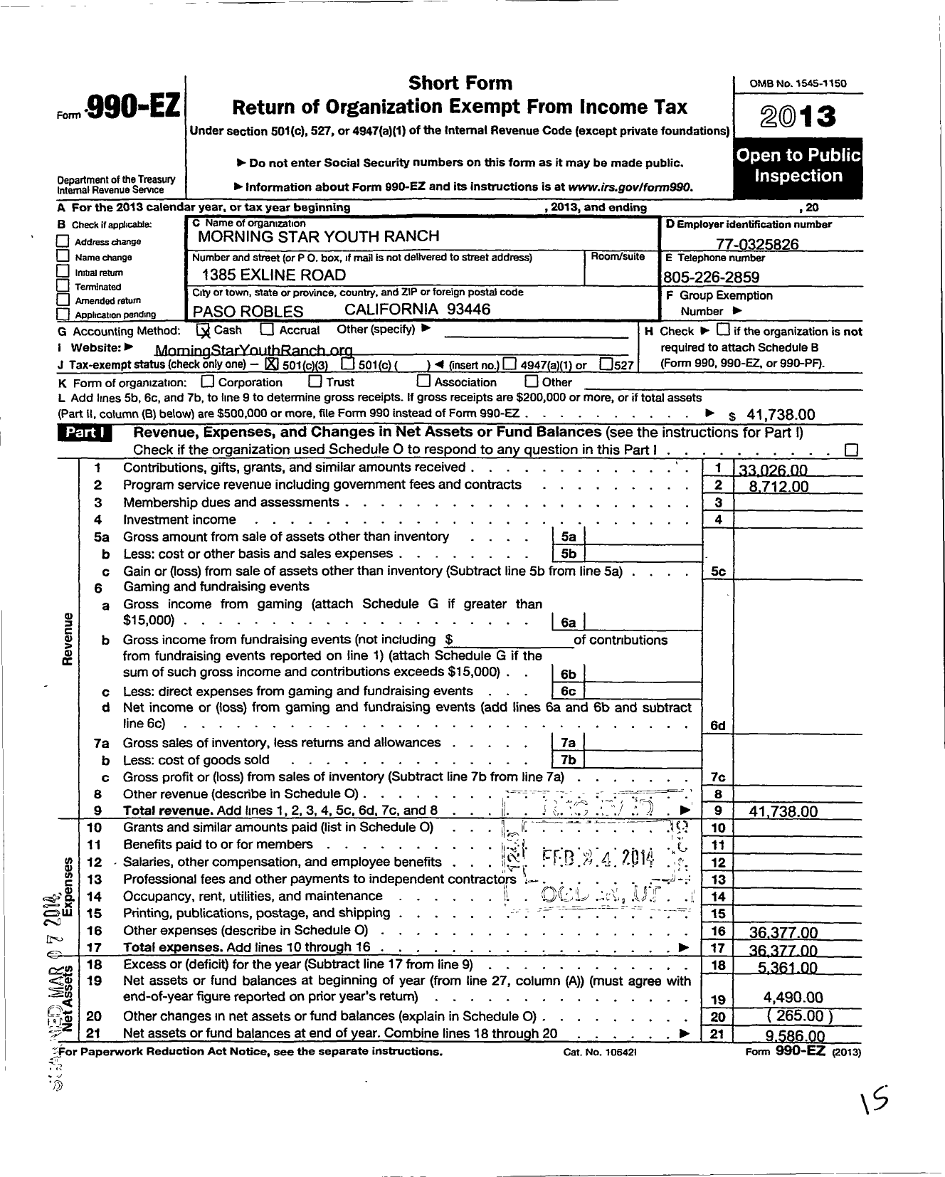 Image of first page of 2013 Form 990EZ for Morning Star Youth Ranch