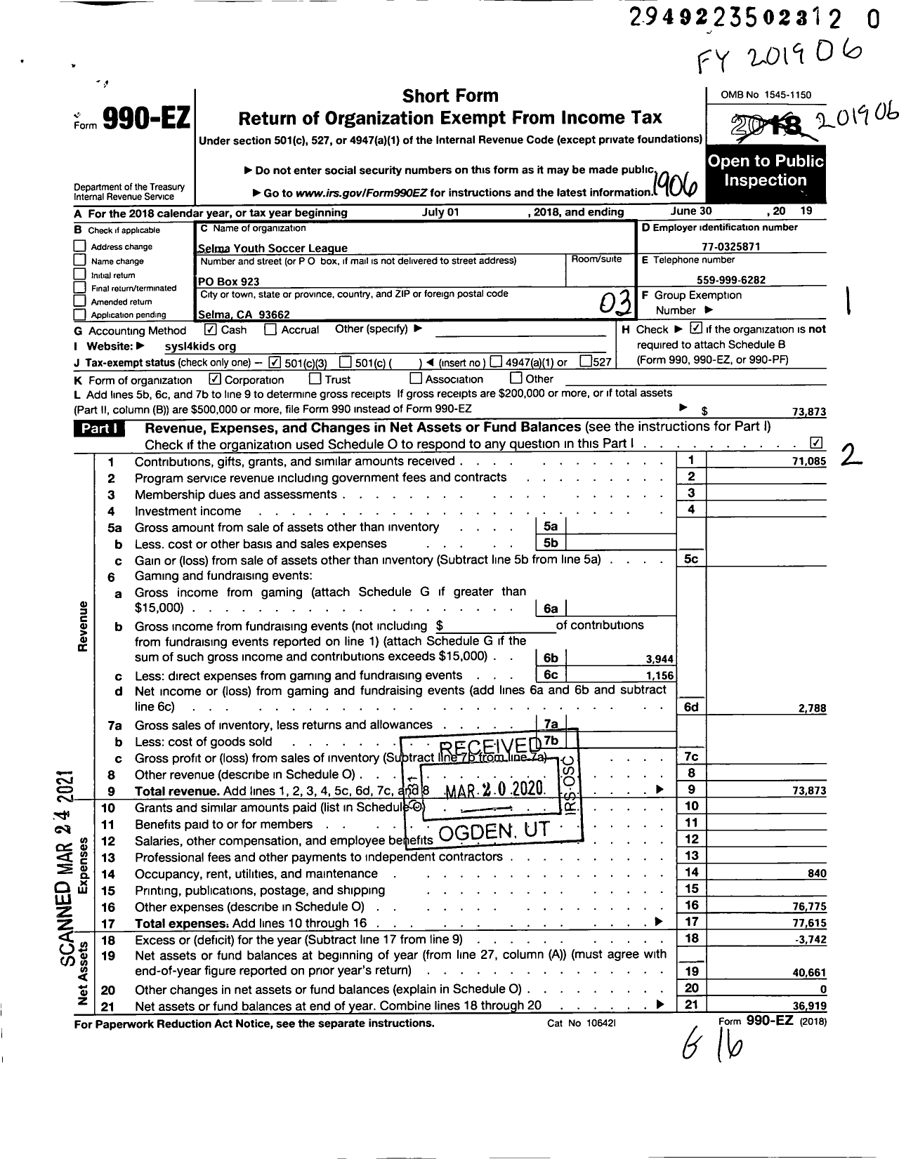 Image of first page of 2018 Form 990EZ for Selma Youth Soccer League