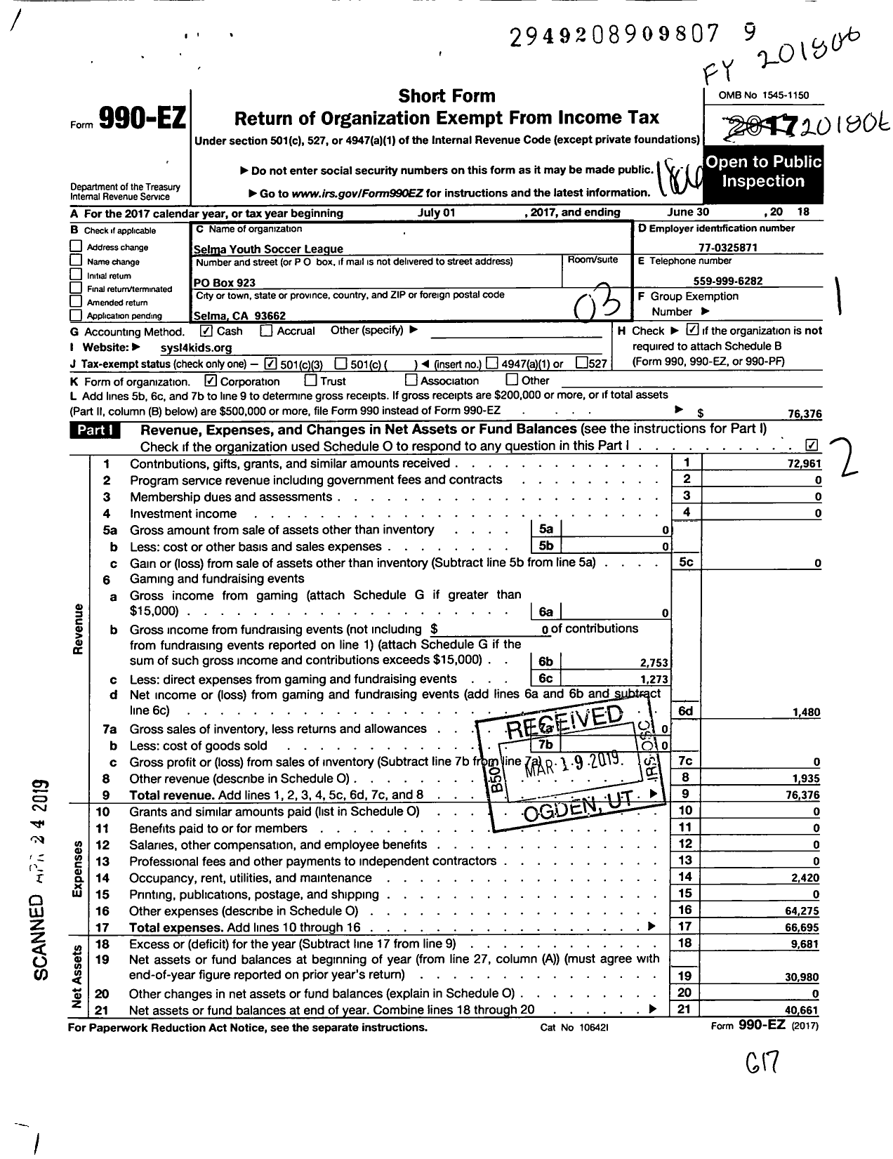 Image of first page of 2017 Form 990EZ for Selma Youth Soccer League