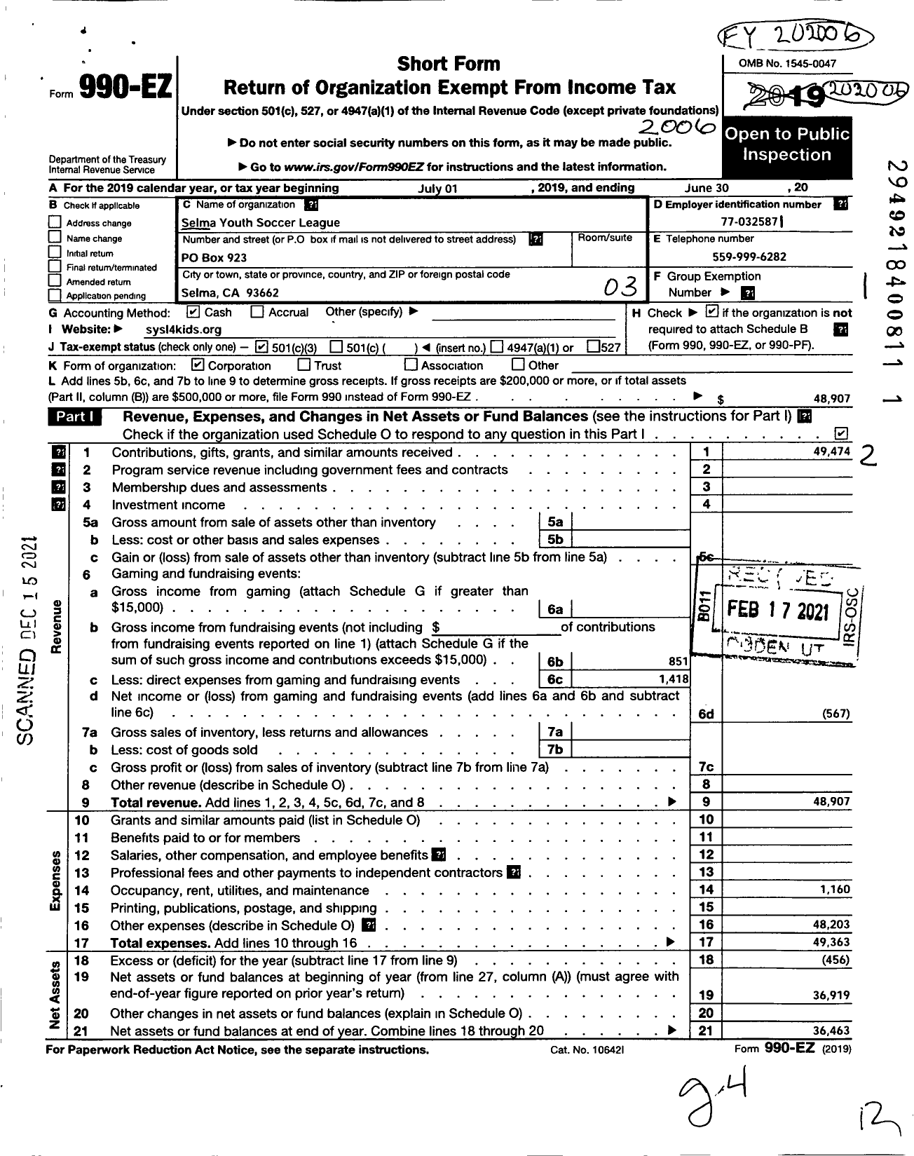 Image of first page of 2019 Form 990EZ for Selma Youth Soccer League