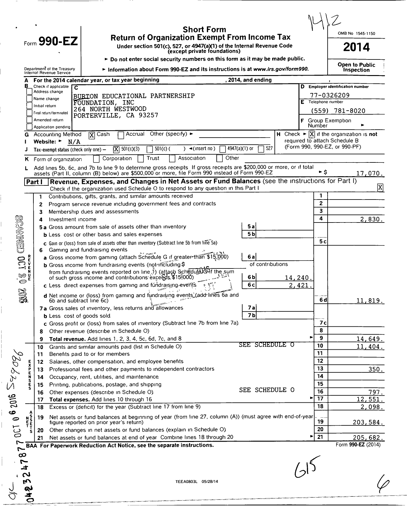 Image of first page of 2014 Form 990EZ for Burton Educational Partnership Foundation