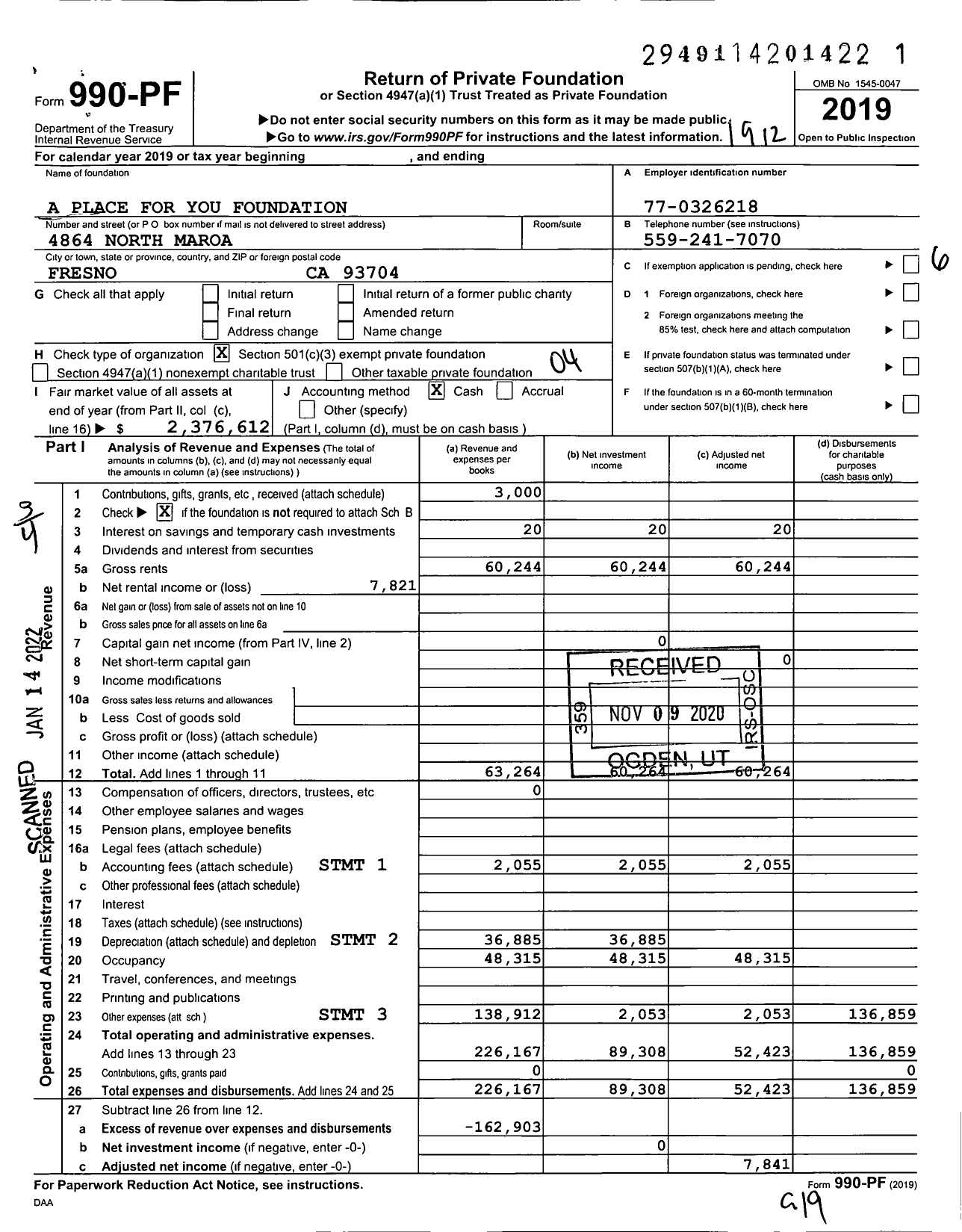 Image of first page of 2019 Form 990PF for A Place for You Foundation