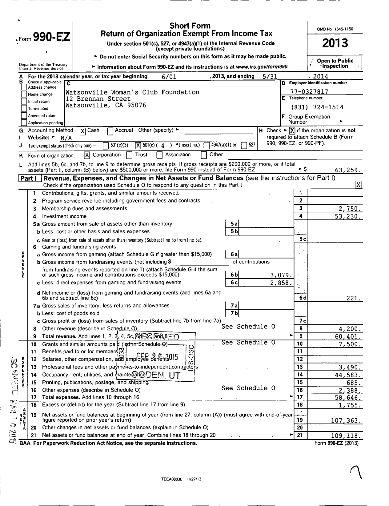 Image of first page of 2013 Form 990EO for Watsonville Womans Club Foundation