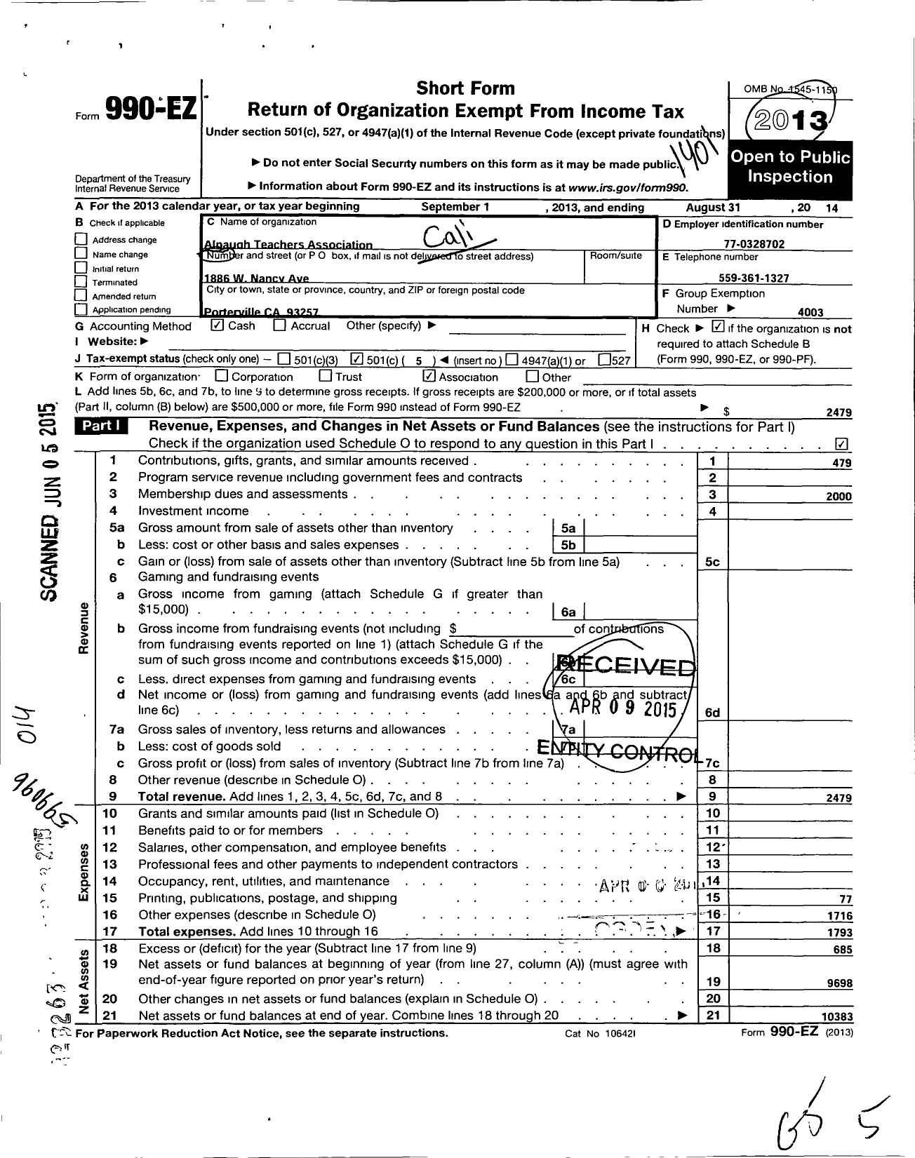 Image of first page of 2013 Form 990EO for California Teachers Association - Alpaugh Ta