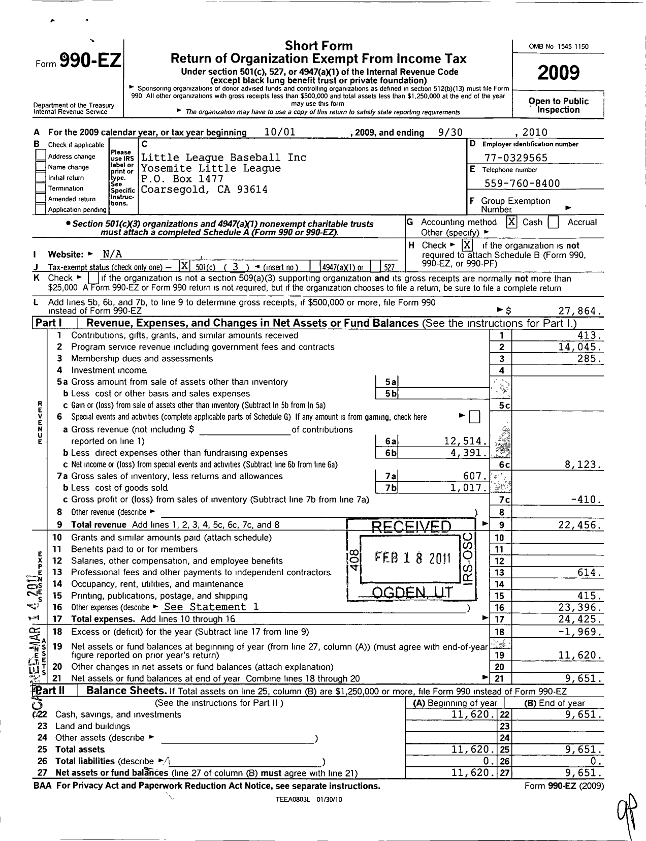 Image of first page of 2009 Form 990EZ for Little League Baseball - 4051022 Yosemite LL