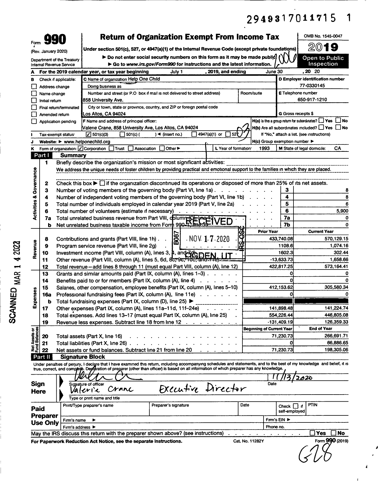Image of first page of 2019 Form 990 for Help One Child Mission To Children at Risk