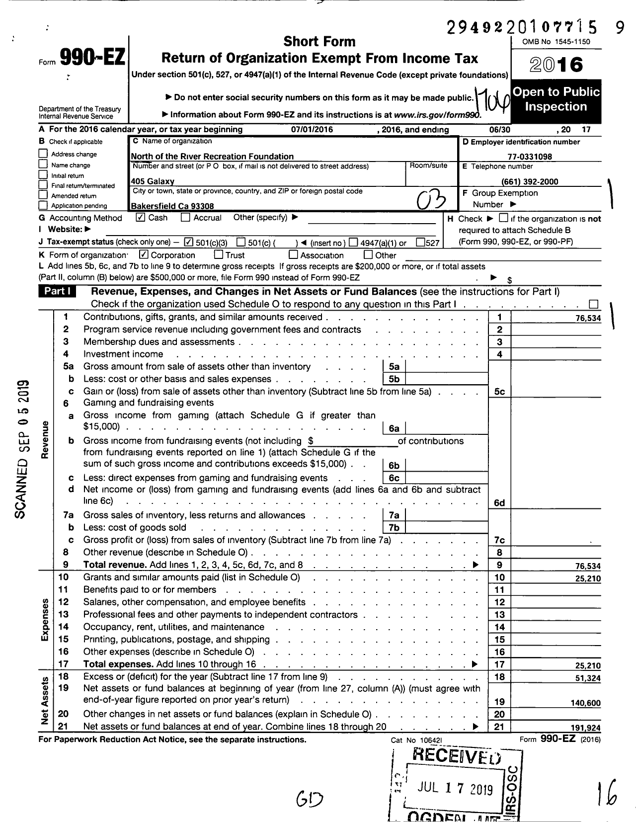 Image of first page of 2016 Form 990EZ for North of the River Recreation Foundation