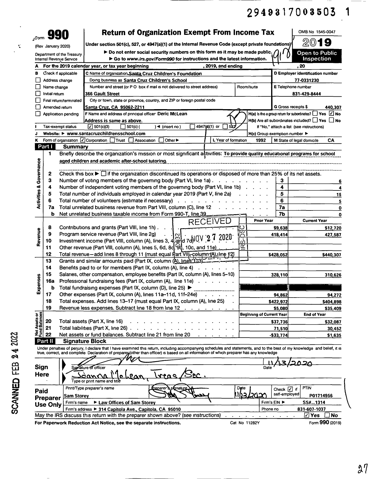 Image of first page of 2019 Form 990 for Santa Cruz Children's School