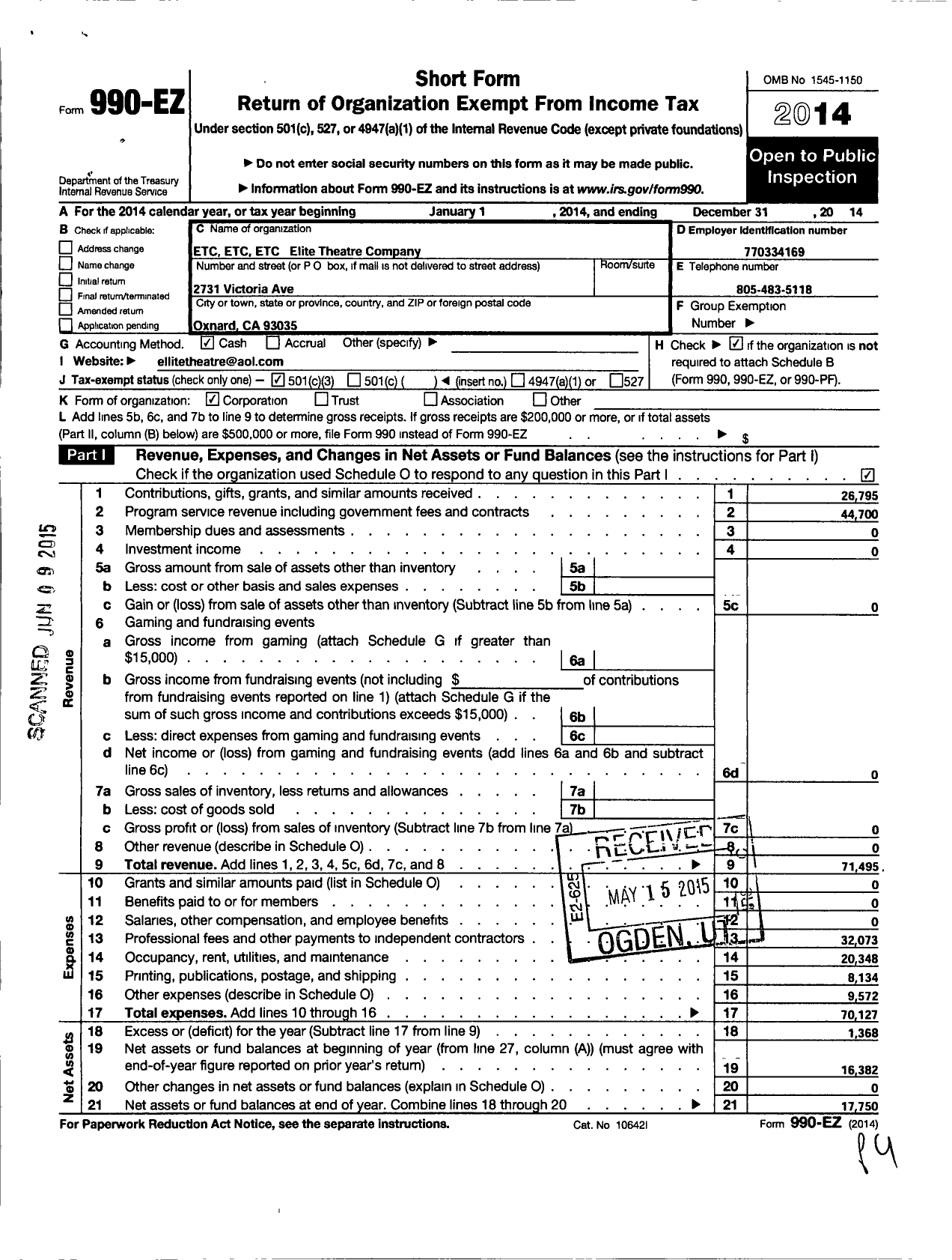 Image of first page of 2014 Form 990EZ for Etc Etc