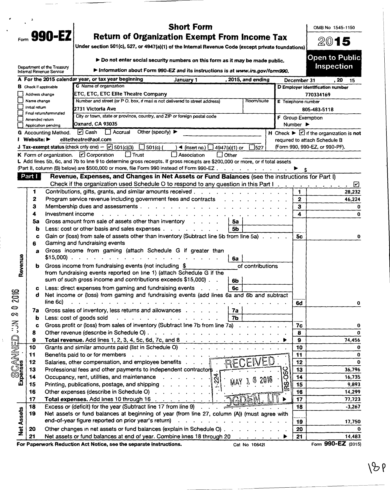 Image of first page of 2015 Form 990EZ for Etc Etc