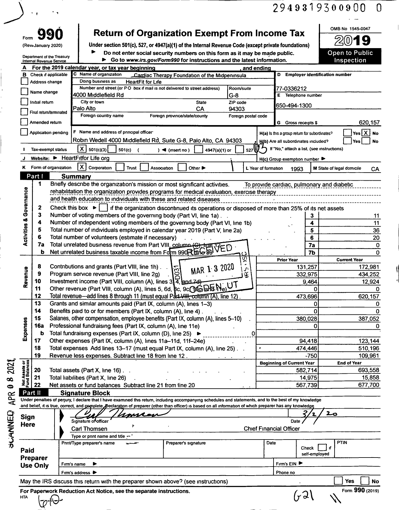 Image of first page of 2019 Form 990 for HeartFit for Life